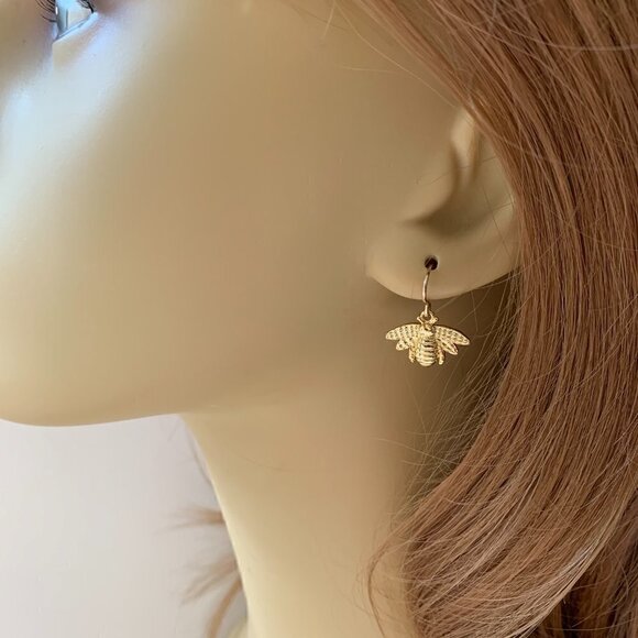 Bee Earrings Gold Bumble Honey Bee Earrings on14K Gold Filled Wires Womens Girls - Picture 3 of 4